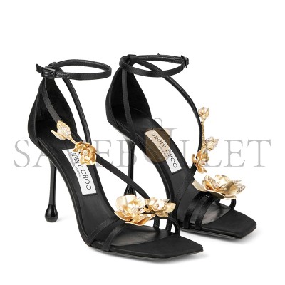 JIMMY CHOO ZEA 95 BLACK SATIN SANDALS WITH METAL FLOWERS ZEA95BGU